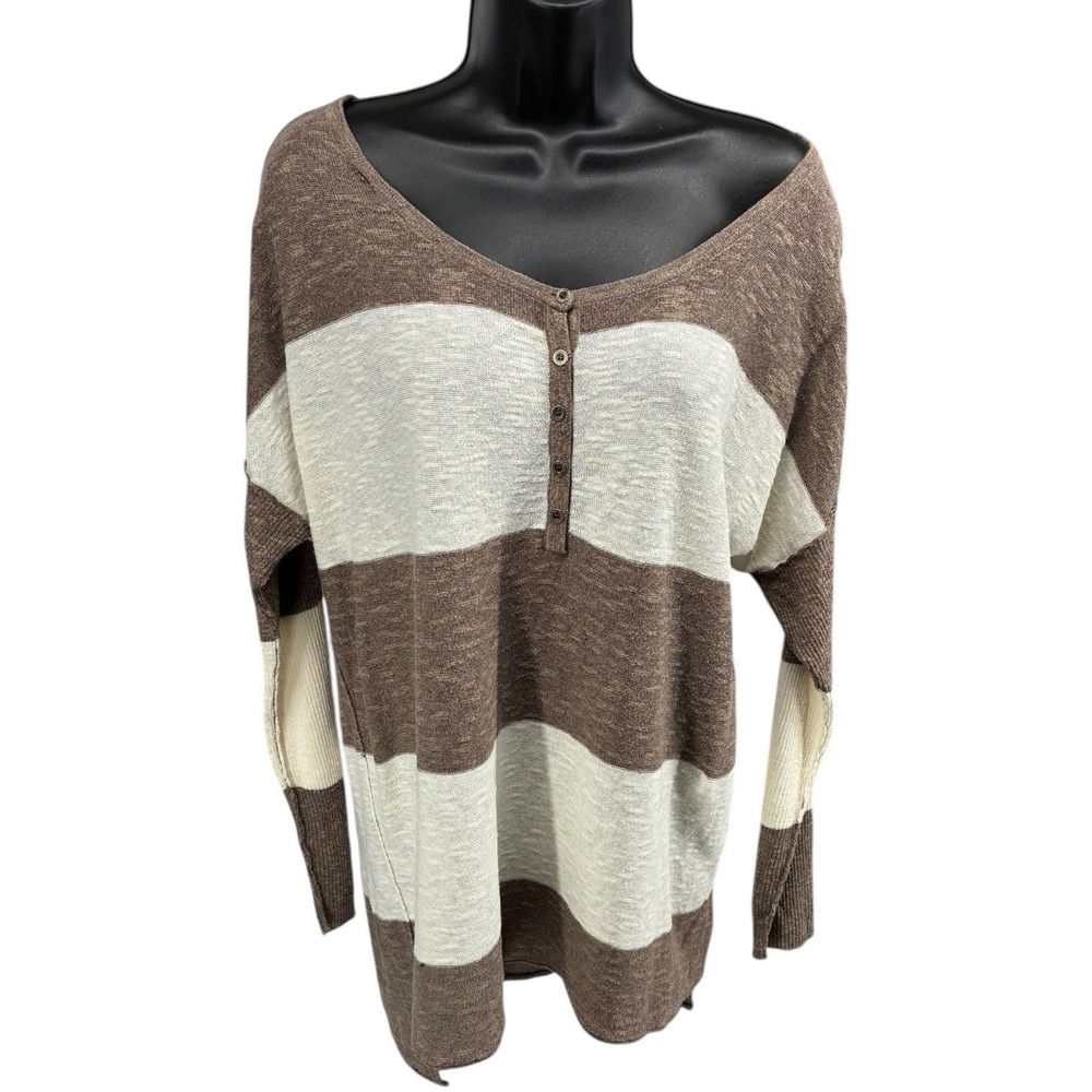 FP Beach Free People Brown Ivory‎ Stripe Long Sleeve Henley Tunic XS